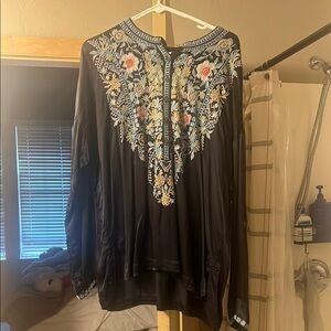 Johnny Was Black Top with Floral Embroidery